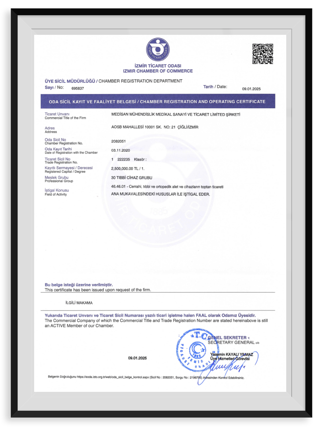 İzmir Ticaret Odası Kayıt Belgesi