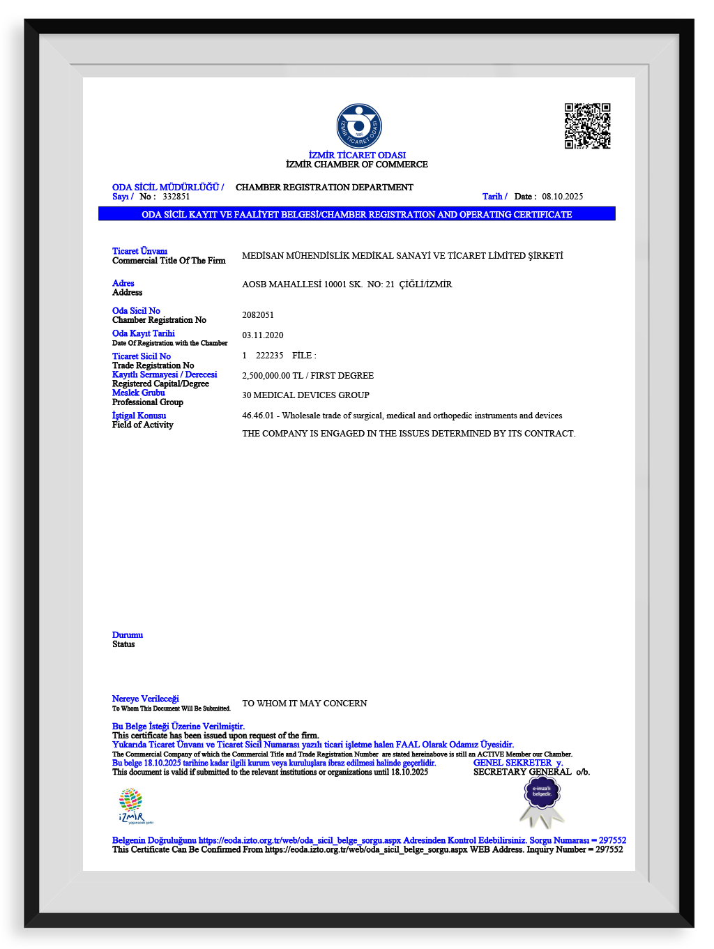 Chamber Registration Certificate